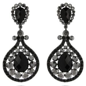 Gun Metal with Black Onyx and Gray Austrian Crystal Chandelier Clip On Earrings
